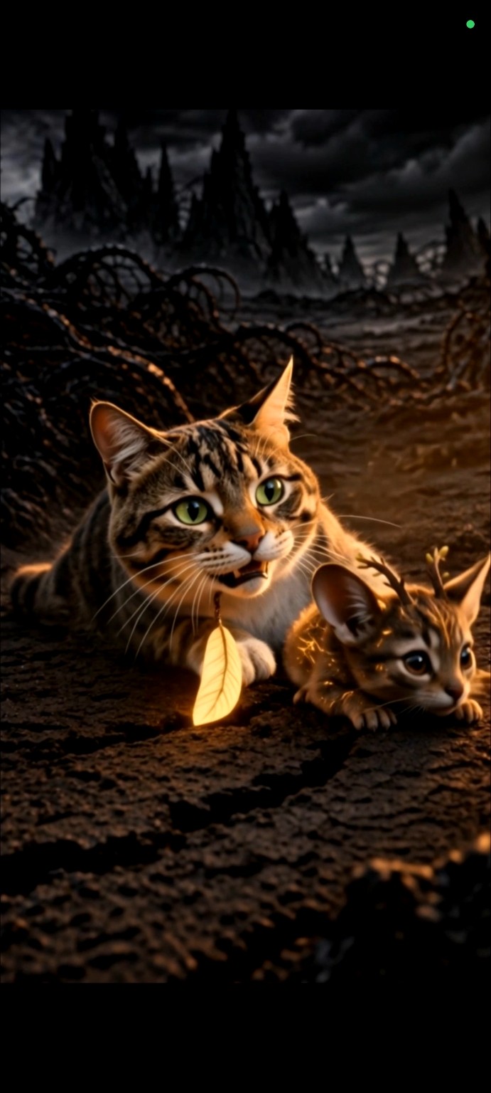 Boni carrying a kitten beneath a glowing feather